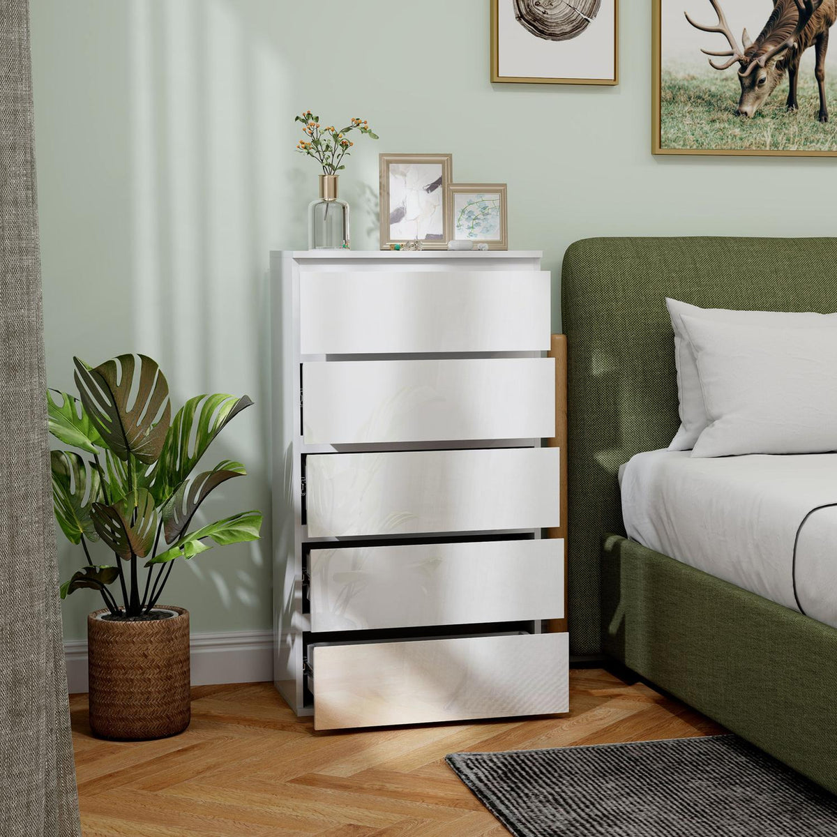 Chest of drawers, sideboard with 5 drawers, office cabinet with anti-tip pull tabs, for living room, bedroom, white, 55 x 34 x 100 cm |