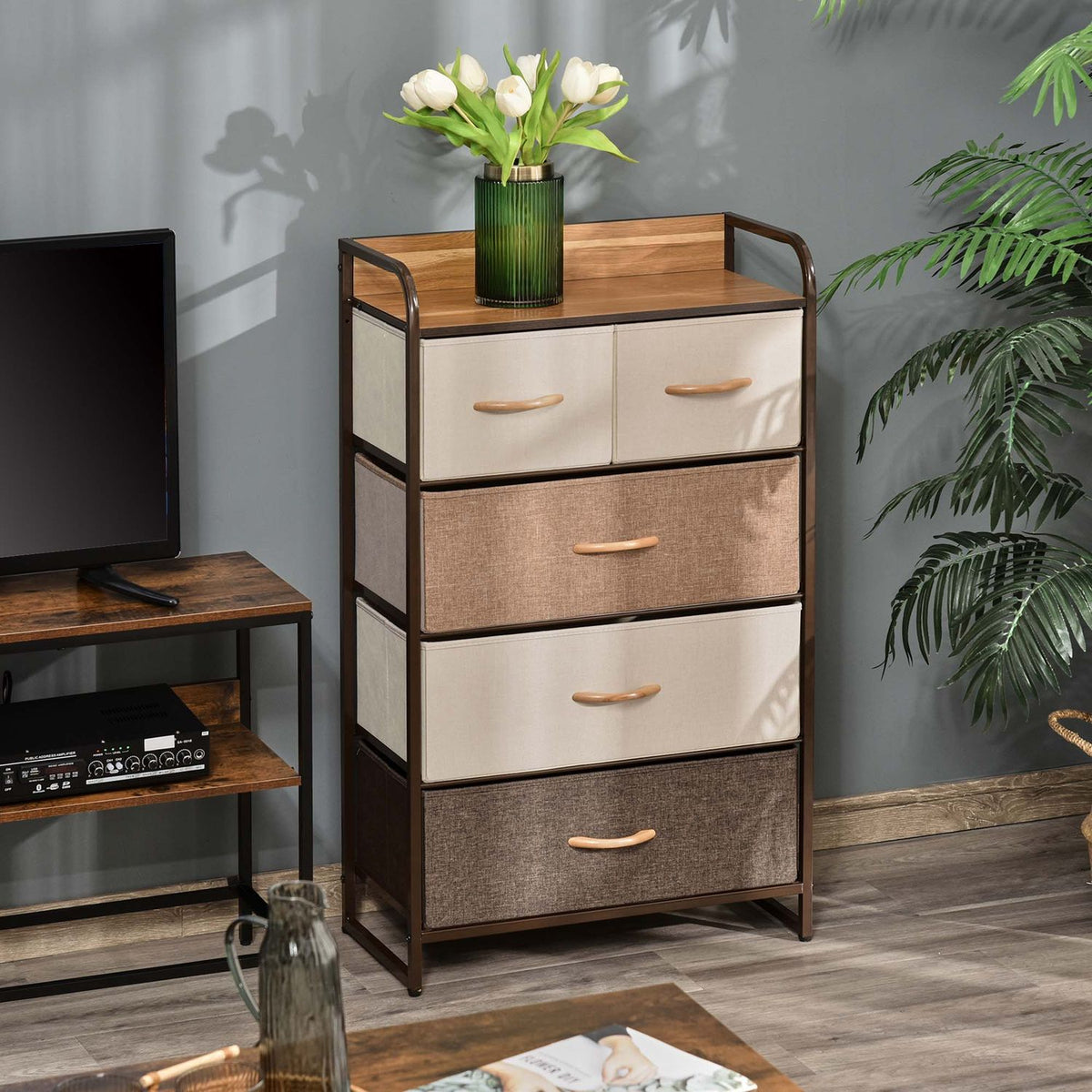 Chest of drawers, sideboard with 5 foldable fabric drawers, handle, storage cabinet with anti-tip protection for living room, bedroom, brown
