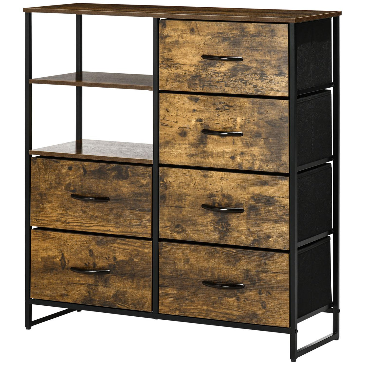 Chest of drawers, sideboard with 6 foldable fabric drawers, 2 shelves, storage cabinet with industrial design for living room, bedroom, rustic brown