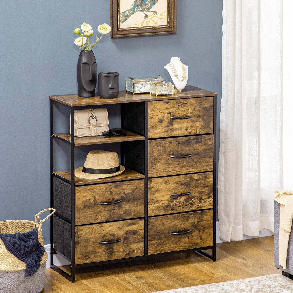 Chest of drawers, sideboard with 6 foldable fabric drawers, 2 shelves, storage cabinet with industrial design for living room, bedroom, rustic brown