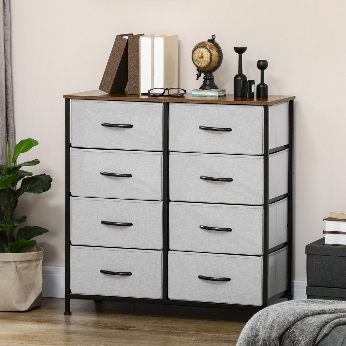 Chest of drawers sideboard with 8 folding fabric drawers, drawer cabinet with worktop, handle, multi-purpose cabinet with tilt protection, for living room, bedroom, gray