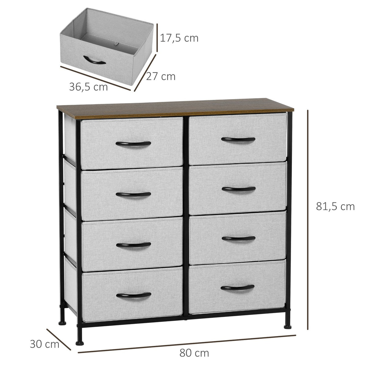 Chest of drawers sideboard with 8 folding fabric drawers, drawer cabinet with worktop, handle, multi-purpose cabinet with tilt protection, for living room, bedroom, gray