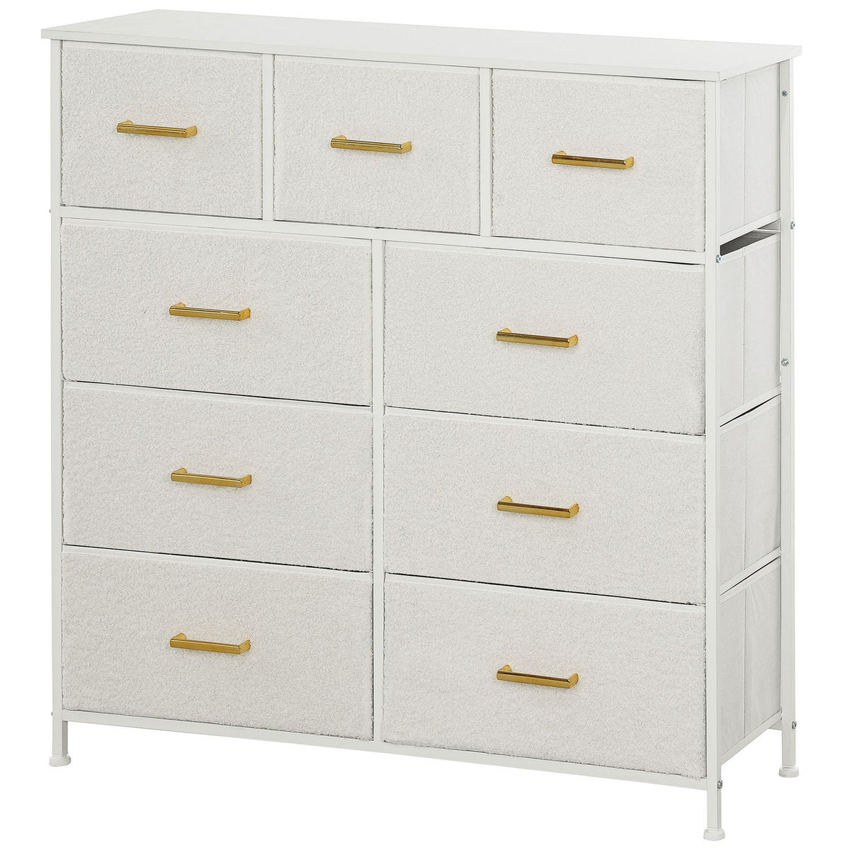 Chest of drawers sideboard with 9 fabric drawers, drawer cabinet with worktop, handle, storage cabinet for living room, bedroom, cream white |