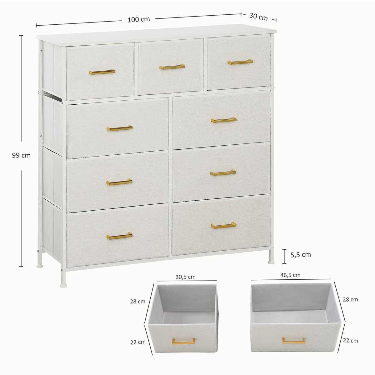 Chest of drawers sideboard with 9 fabric drawers, drawer cabinet with worktop, handle, storage cabinet for living room, bedroom, cream white |