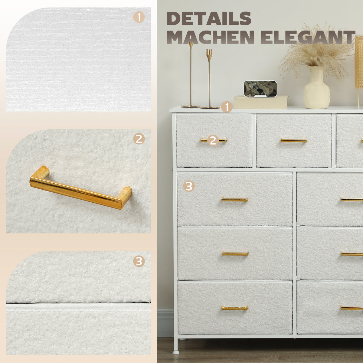 Chest of drawers sideboard with 9 fabric drawers, drawer cabinet with worktop, handle, storage cabinet for living room, bedroom, cream white |
