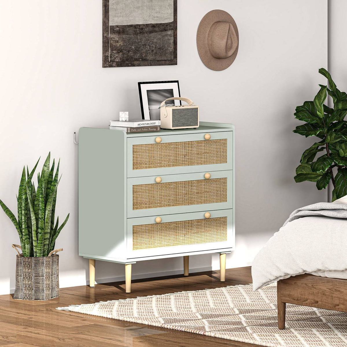 Chest of drawers side cabinet with 3 drawers, sideboard with boho style, rattan look, drawer chest of drawers for living room, bedroom, light blue 80 x 40 x 87.5 cm