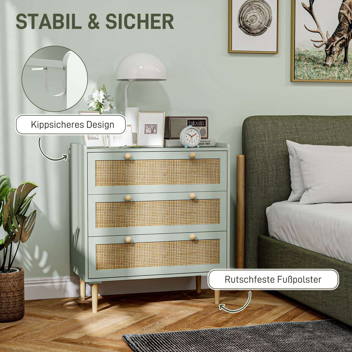 Chest of drawers side cabinet with 3 drawers, sideboard with boho style, rattan look, drawer chest of drawers for living room, bedroom, light blue 80 x 40 x 87.5 cm