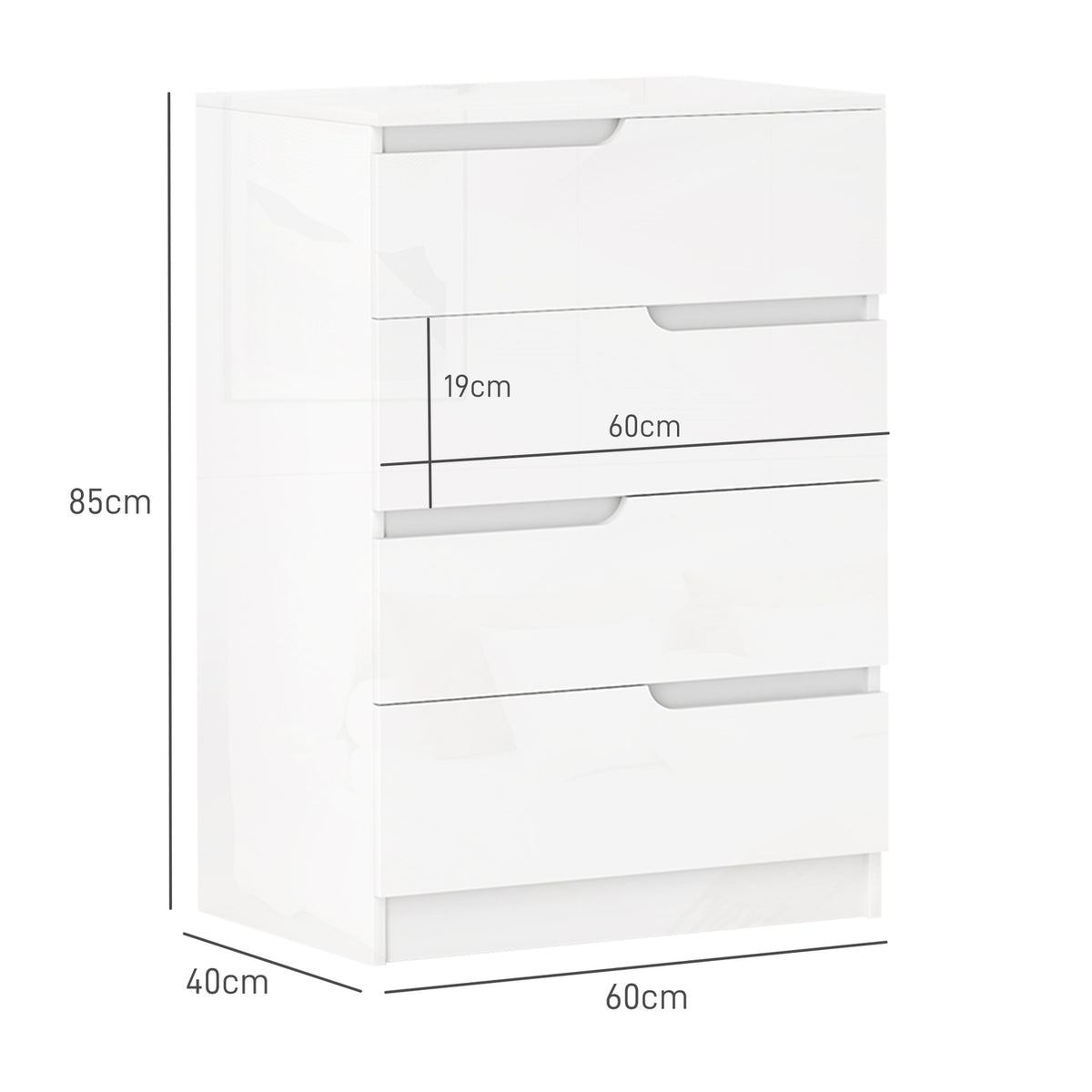 Chest of drawers side cabinet with 4 drawers, chest of drawers for living room, bedroom, high-gloss white 60 x 40 x 85cm |