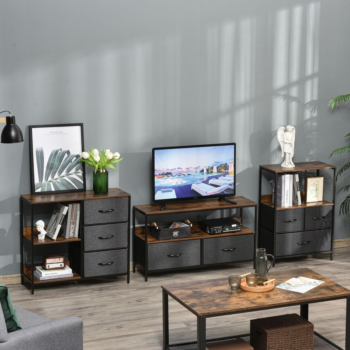 Chest of drawers storage cabinet with 3 fabric drawers, 2 open shelves, chest of drawers with metal frame for bedroom, living room brown