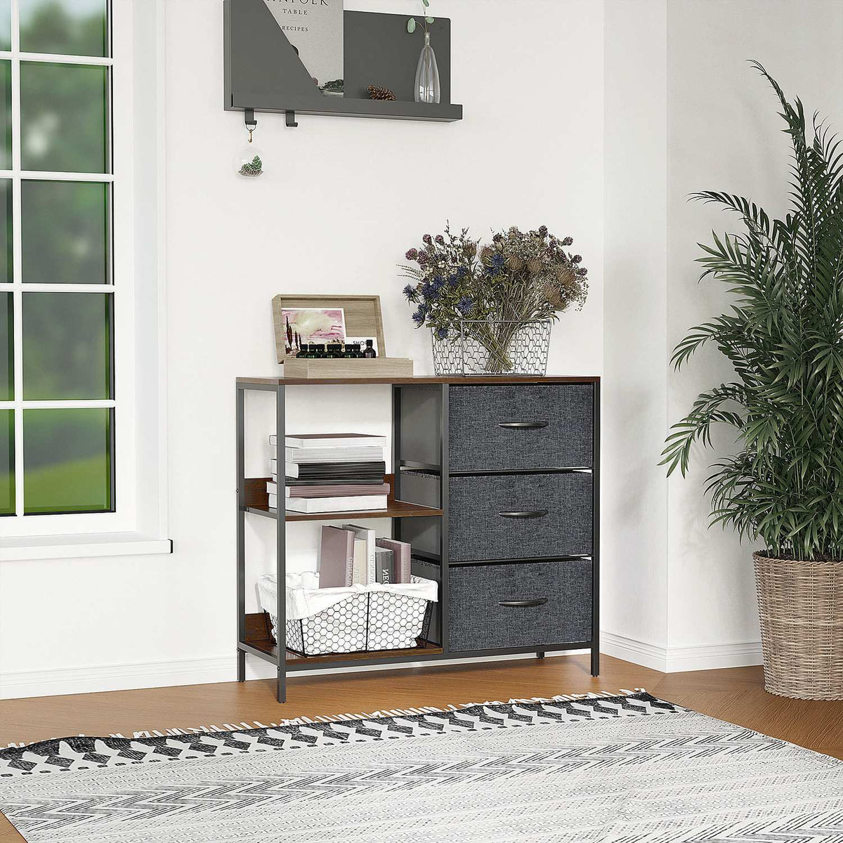 Chest of drawers storage cabinet with 3 fabric drawers, 2 open shelves, chest of drawers with metal frame for bedroom, living room brown