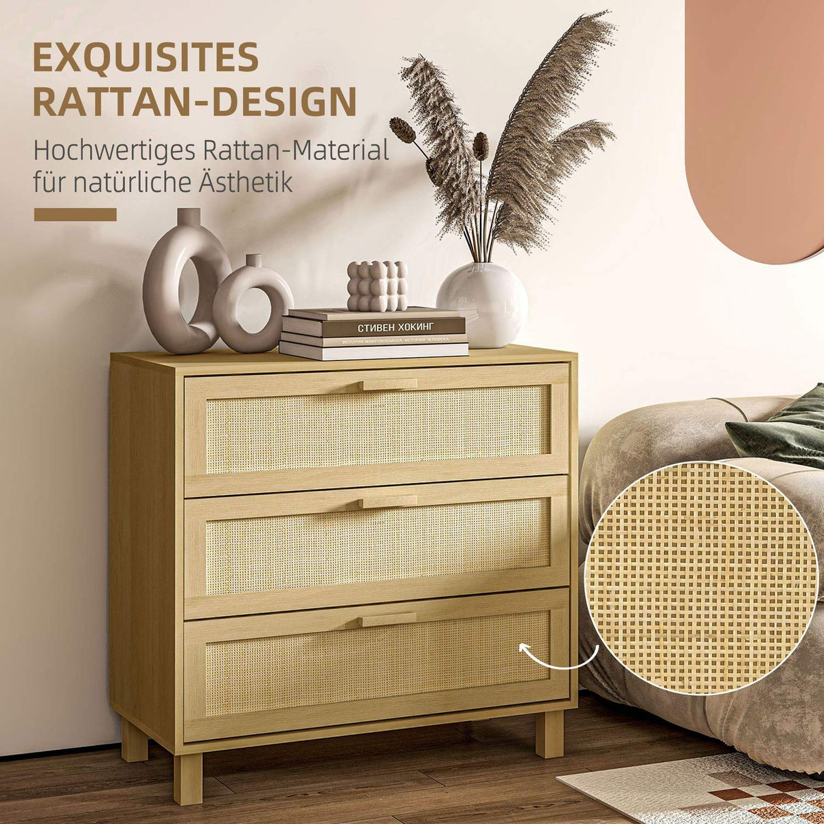 Chest of drawers with 3 drawers, anti-tip protection, rattan look, side cabinet for living room, bedroom, natural, 80x40x80cm