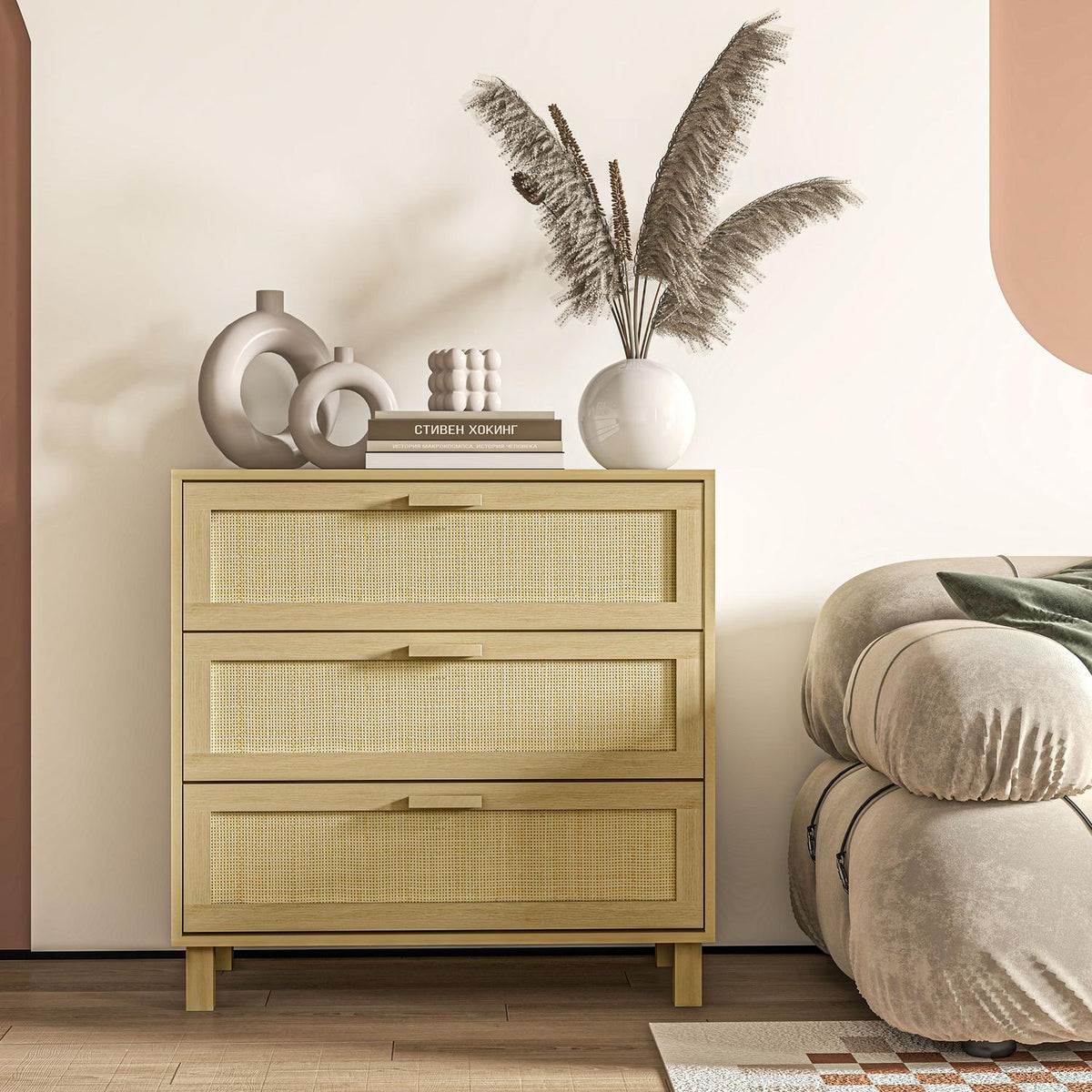 Chest of drawers with 3 drawers, anti-tip protection, rattan look, side cabinet for living room, bedroom, natural, 80x40x80cm