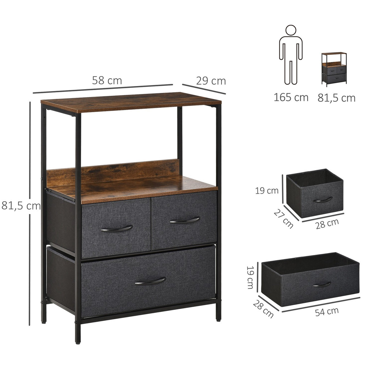 Chest of drawers with 3 drawers made of linen storage cabinet with shelf handles black