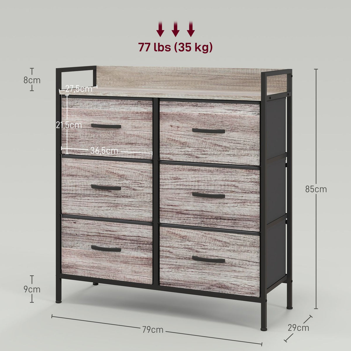 Chest of drawers with 6 drawers made of fabric storage cabinet with wood look, handles, steel frame, industrial design sideboard for living room gray