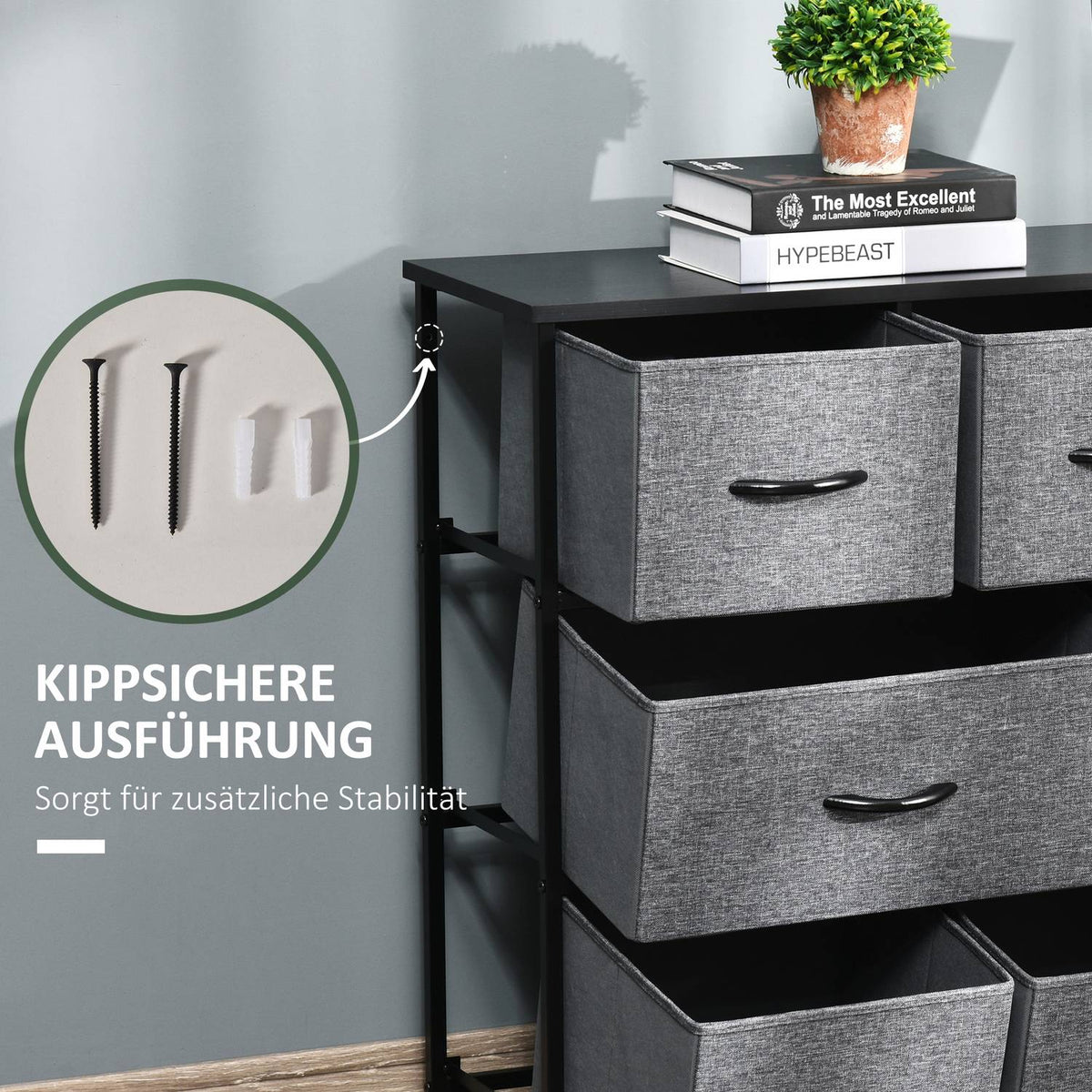Chest of drawers with 8 drawers made of fabric, storage cabinet, chest of drawers with handles, metal frame, modern design cabinet for bedroom, living room, dark gray