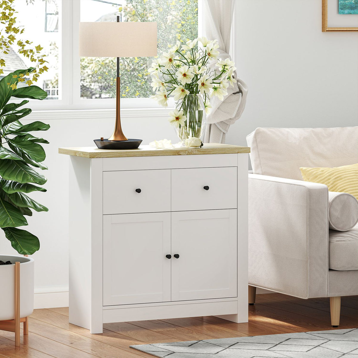 Chest of drawers with plenty of storage space, sideboard with soft-close doors, 2 drawers, adjustable shelf, white