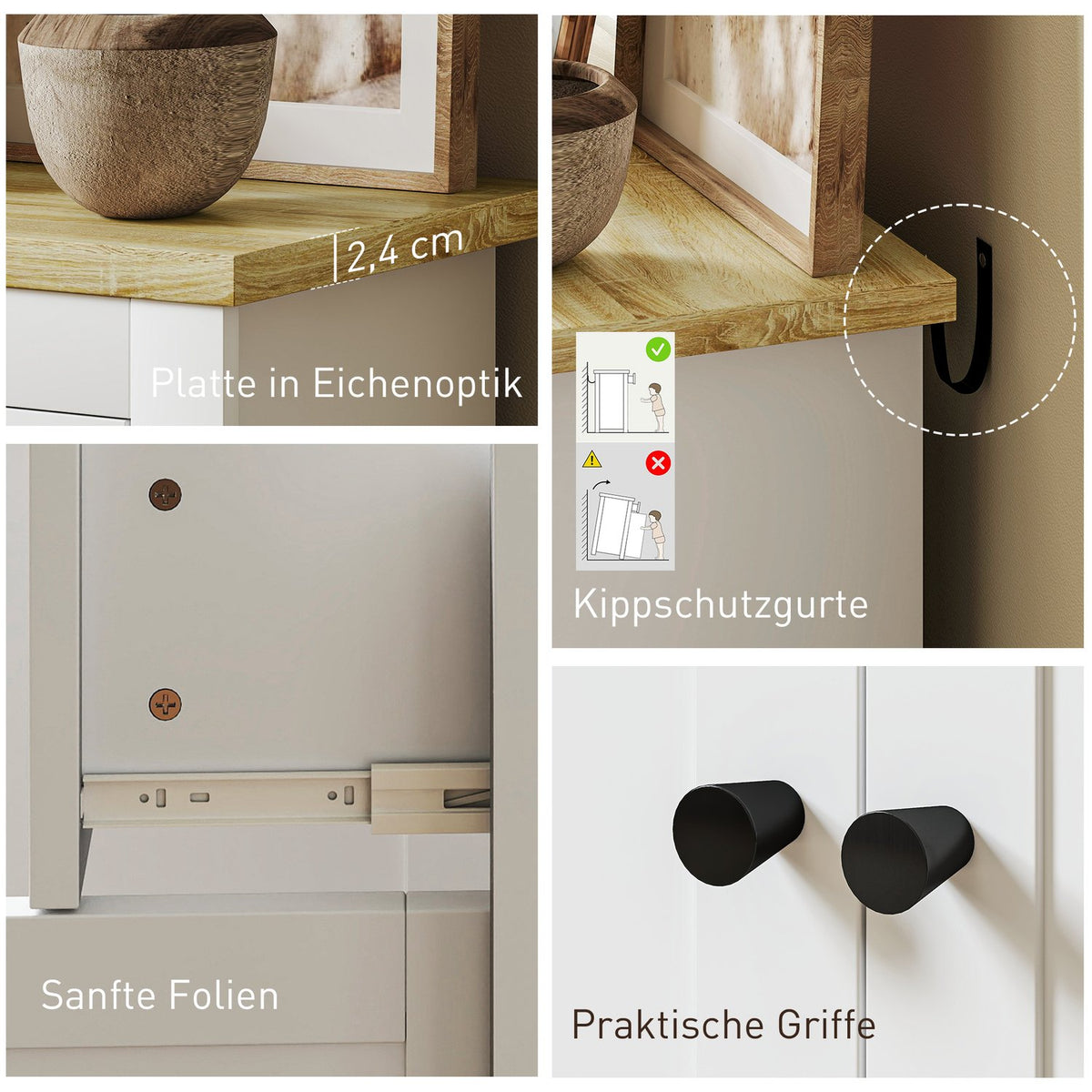Chest of drawers with plenty of storage space, sideboard with soft-close doors, 2 drawers, adjustable shelf, white