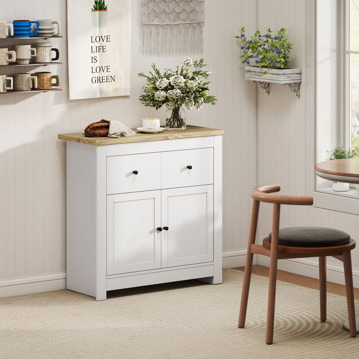 Chest of drawers with plenty of storage space, sideboard with soft-close doors, 2 drawers, adjustable shelf, white