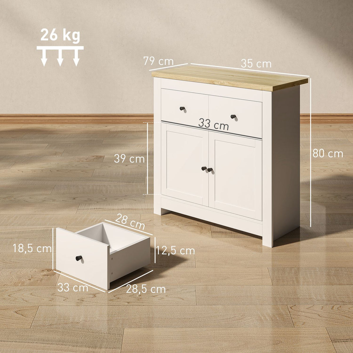 Chest of drawers with plenty of storage space, sideboard with soft-close doors, 2 drawers, adjustable shelf, white