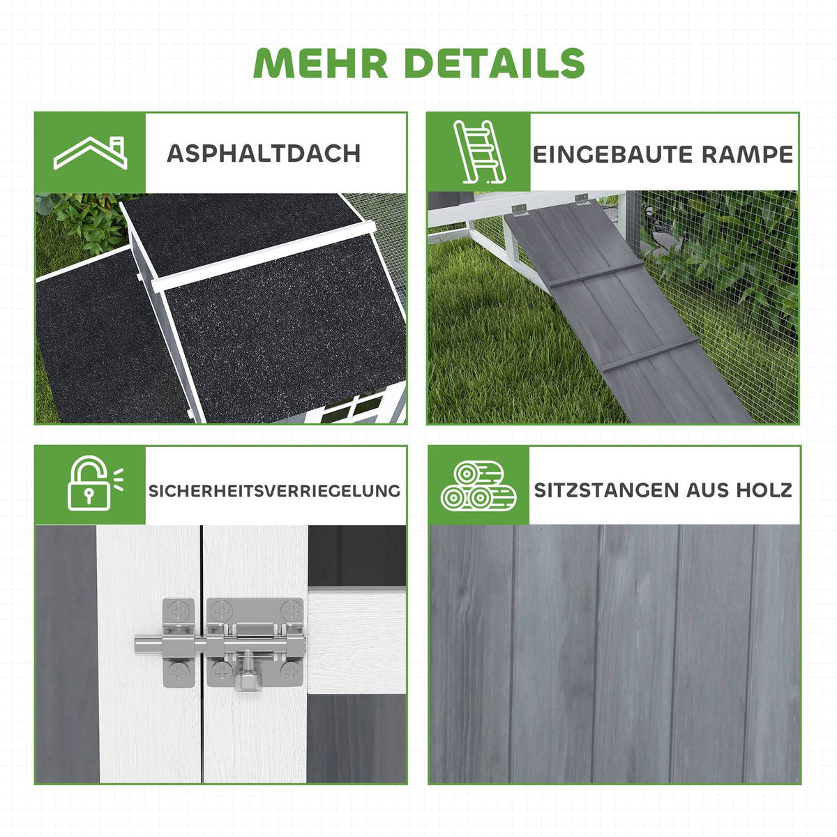 Chicken Coop, 236.5 x 91 x 114 cm Chicken Run with Nesting Box, Outdoor Enclosure, Wooden Chicken House with 2 Perches, Waterproof Paint, for 3-4 Chickens, Gray
