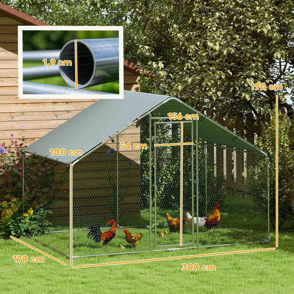 Chicken Coop Outdoor Run 3x1.7x1.9 m with Lock Galvanized Steel Chicken House with Waterproof, Anti-UV Roof Outdoor Poultry House for Chicken Cage, Small Animals, Plants Silver