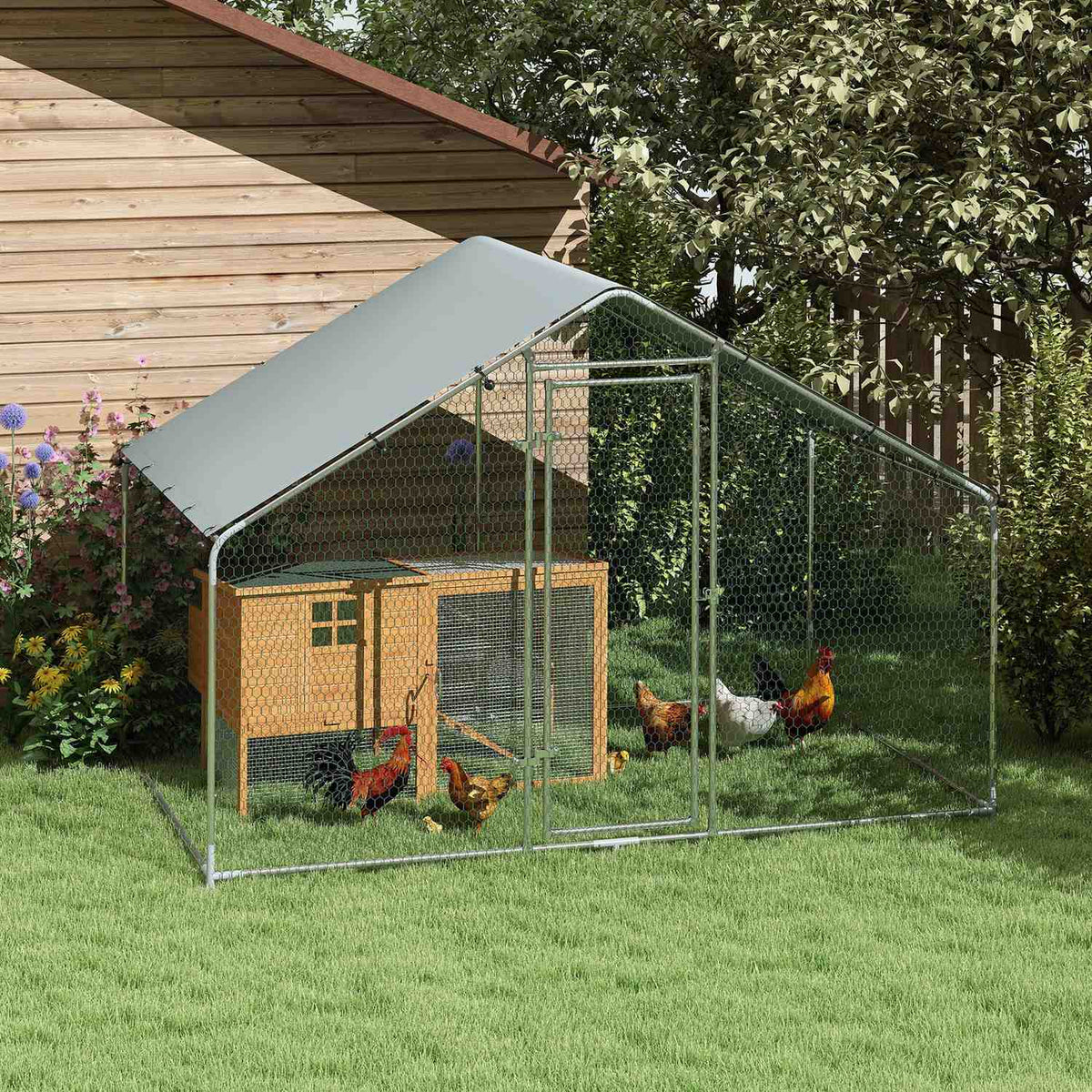 Chicken Coop Outdoor Run 3x1.7x1.9 m with Lock Galvanized Steel Chicken House with Waterproof, Anti-UV Roof Outdoor Poultry House for Chicken Cage, Small Animals, Plants Silver