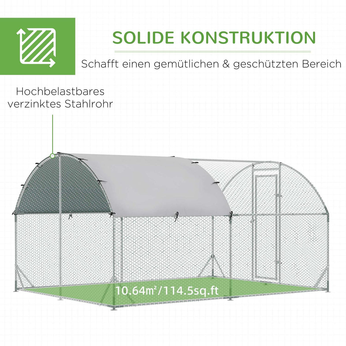 Chicken Coop Outdoor Run Made of Steel, 280 x 380 x 197 cm Chicken Cage with UV-Resistant Cover, Door, Chicken Run for 6-12 Chickens, Small Animals, Silver