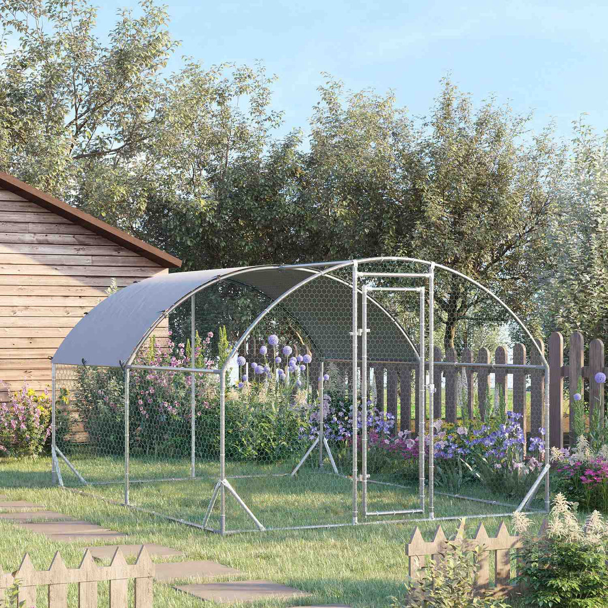 Chicken Coop Outdoor Run Made of Steel, 280 x 380 x 197 cm Chicken Cage with UV-Resistant Cover, Door, Chicken Run for 6-12 Chickens, Small Animals, Silver