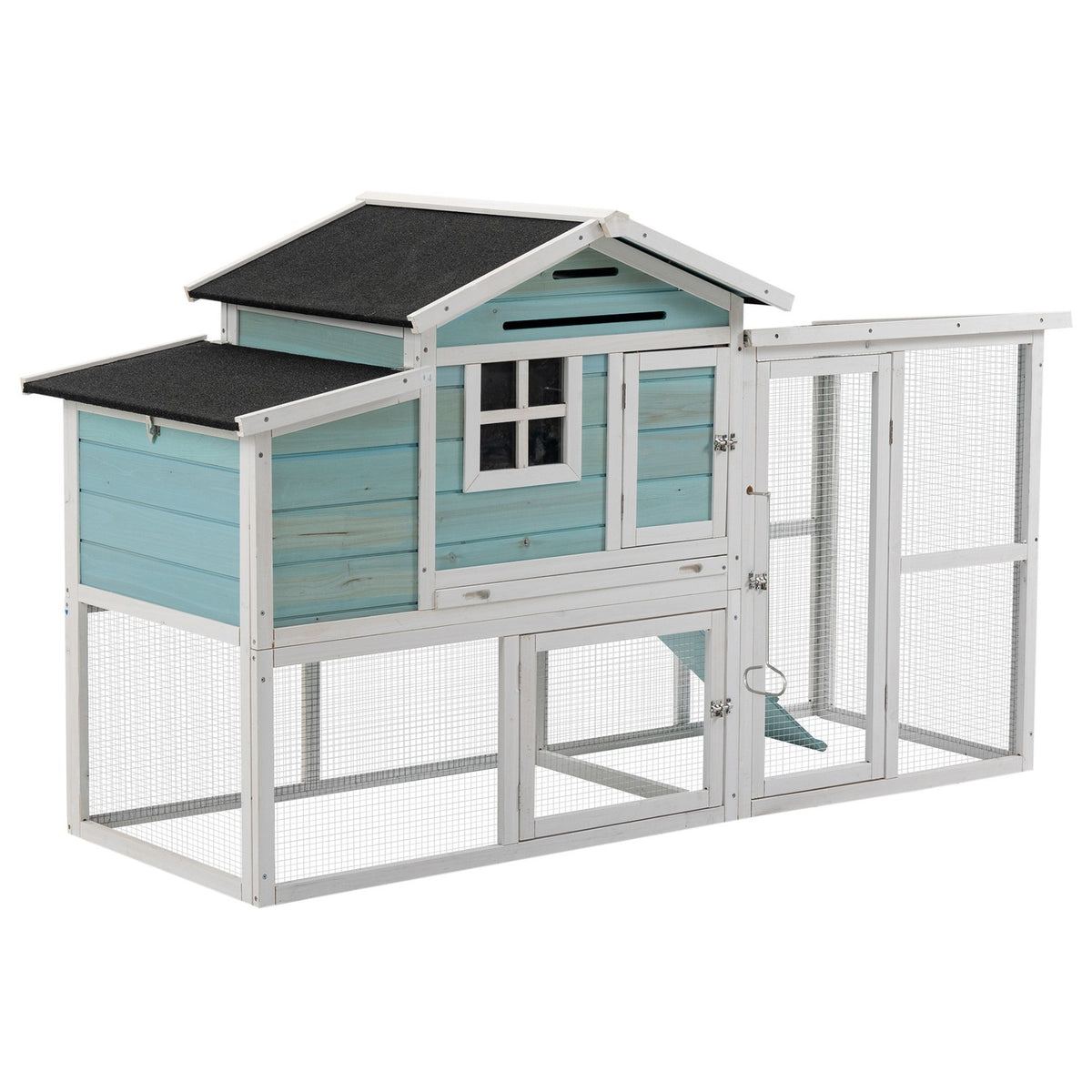 Chicken Coop Winterproof Chicken House With 2 Levels, Nesting Box & Ramp, Easy To Clean, Fir Wood/Steel/Asphalt, Blue, 193X78X115Cm