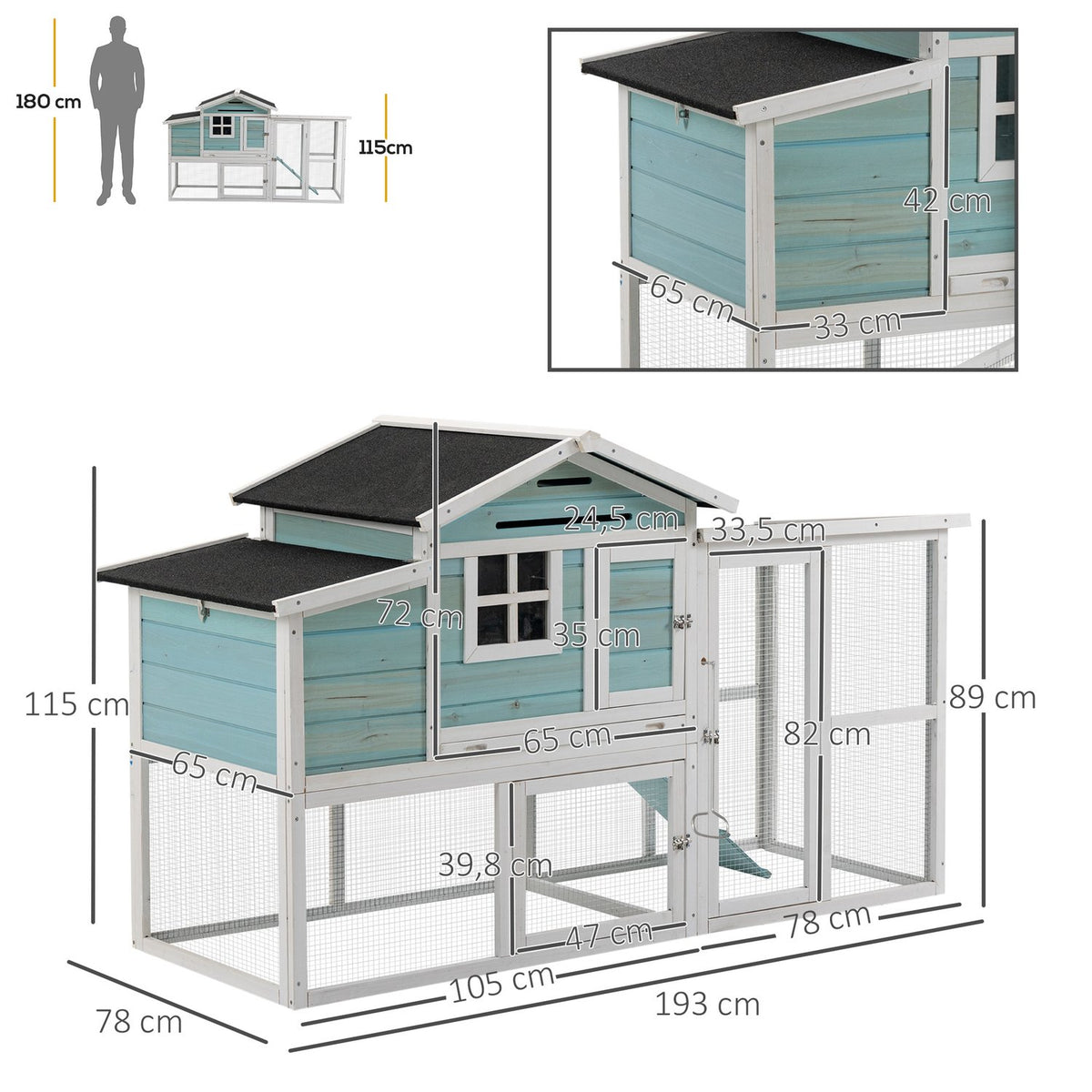 Chicken Coop Winterproof Chicken House With 2 Levels, Nesting Box & Ramp, Easy To Clean, Fir Wood/Steel/Asphalt, Blue, 193X78X115Cm