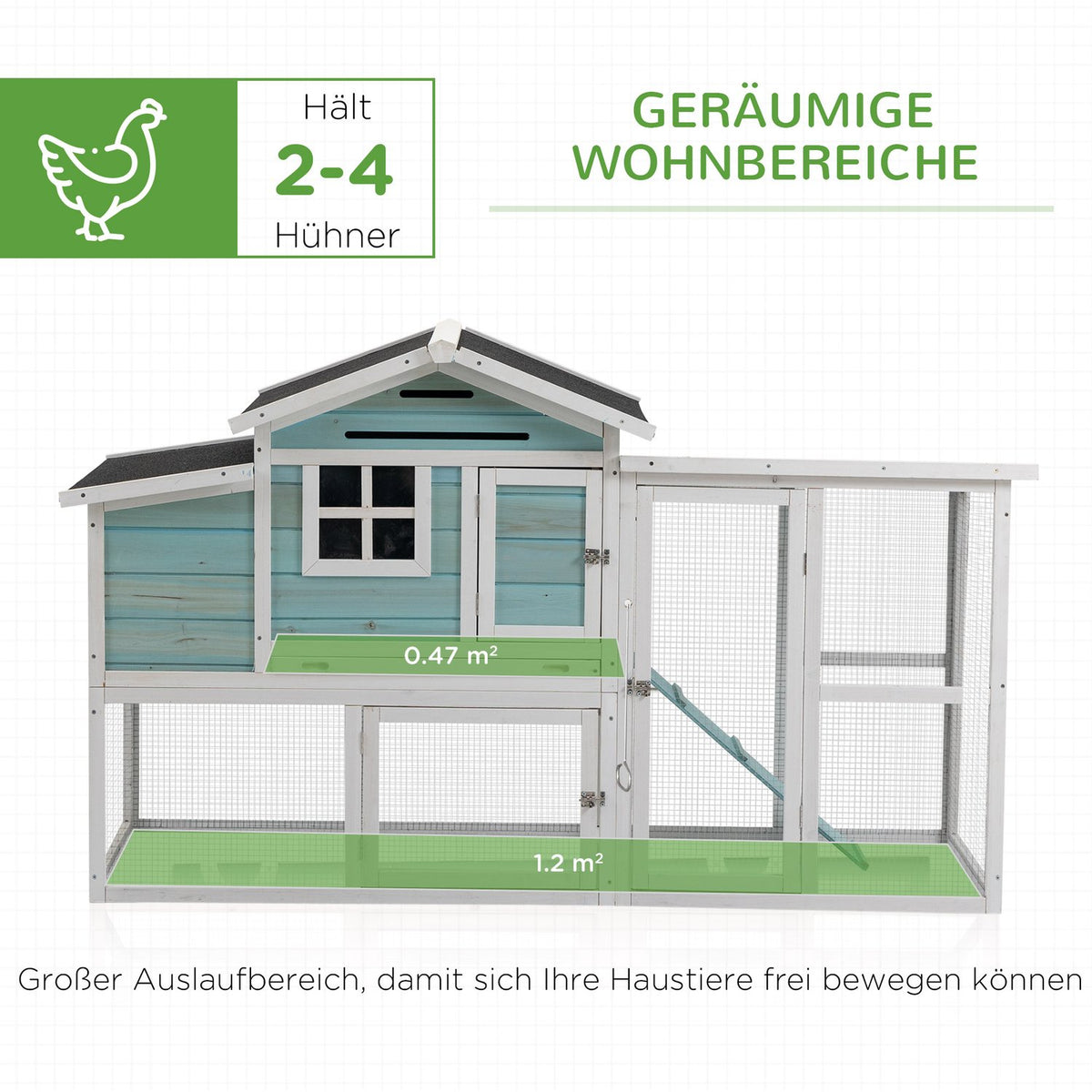 Chicken Coop Winterproof Chicken House With 2 Levels, Nesting Box & Ramp, Easy To Clean, Fir Wood/Steel/Asphalt, Blue, 193X78X115Cm