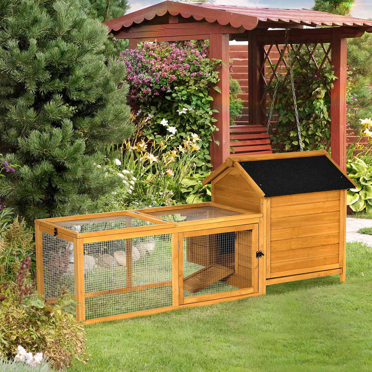 Chicken Coop With Nesting Box, Playpen, Solid Wood, Natural, 180X92X78Cm