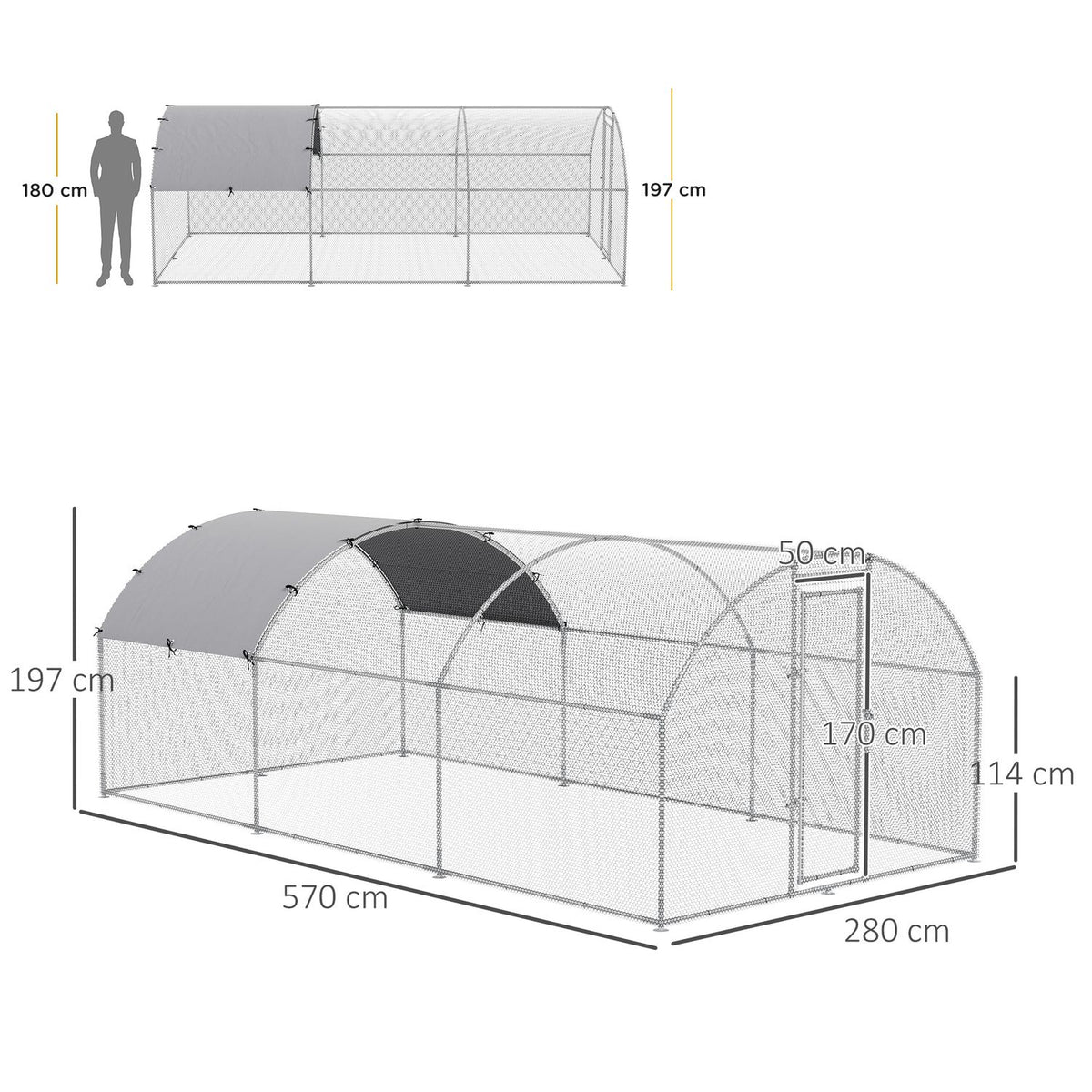 Chicken Coop Xxl Outdoor Poultry Coop For 12-18 Chickens, With Shade Roof & Lock, Zinc/Steel, 280X570X197Cm