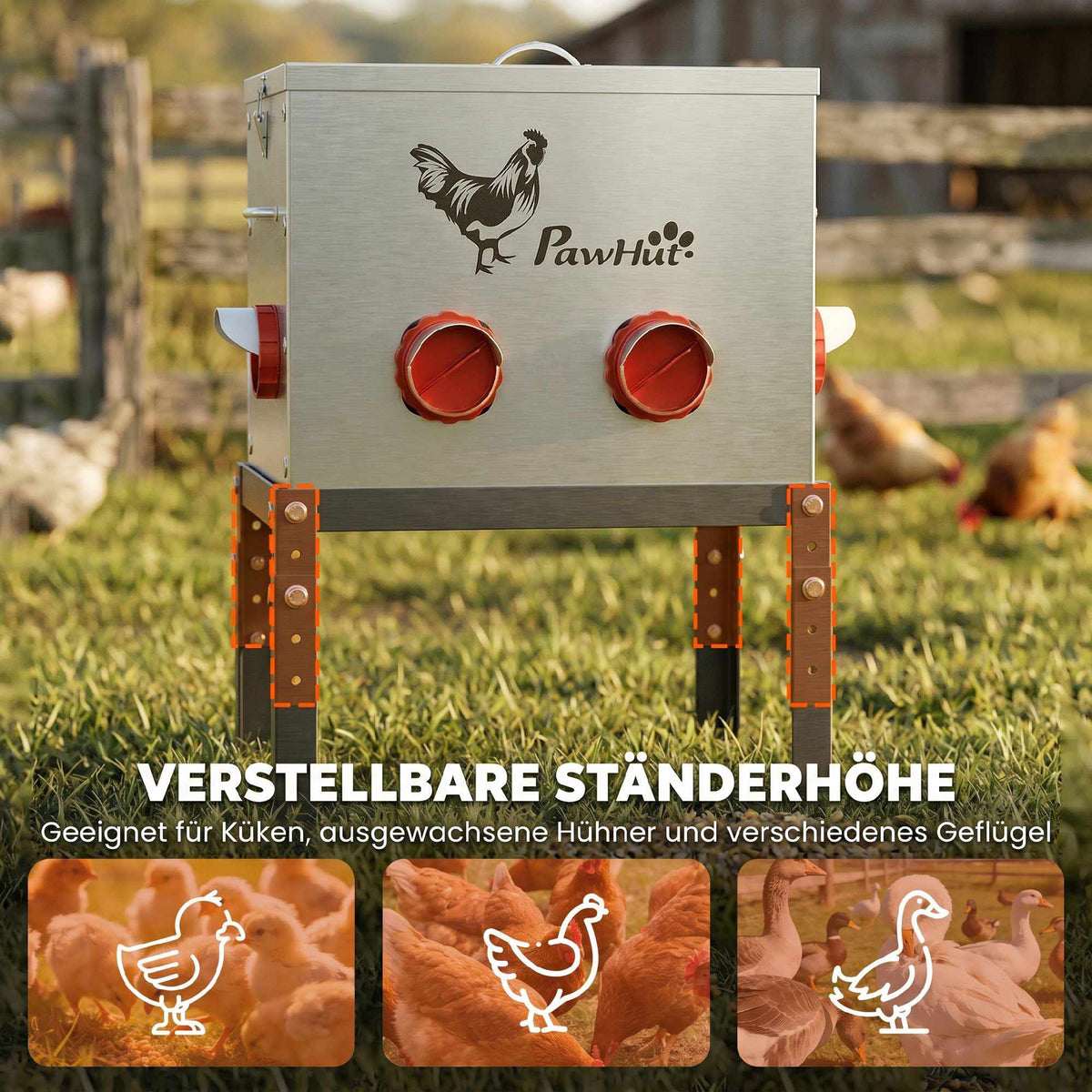 Chicken Feeder 18kg Capacity, Adjustable Legs, 6 Openings