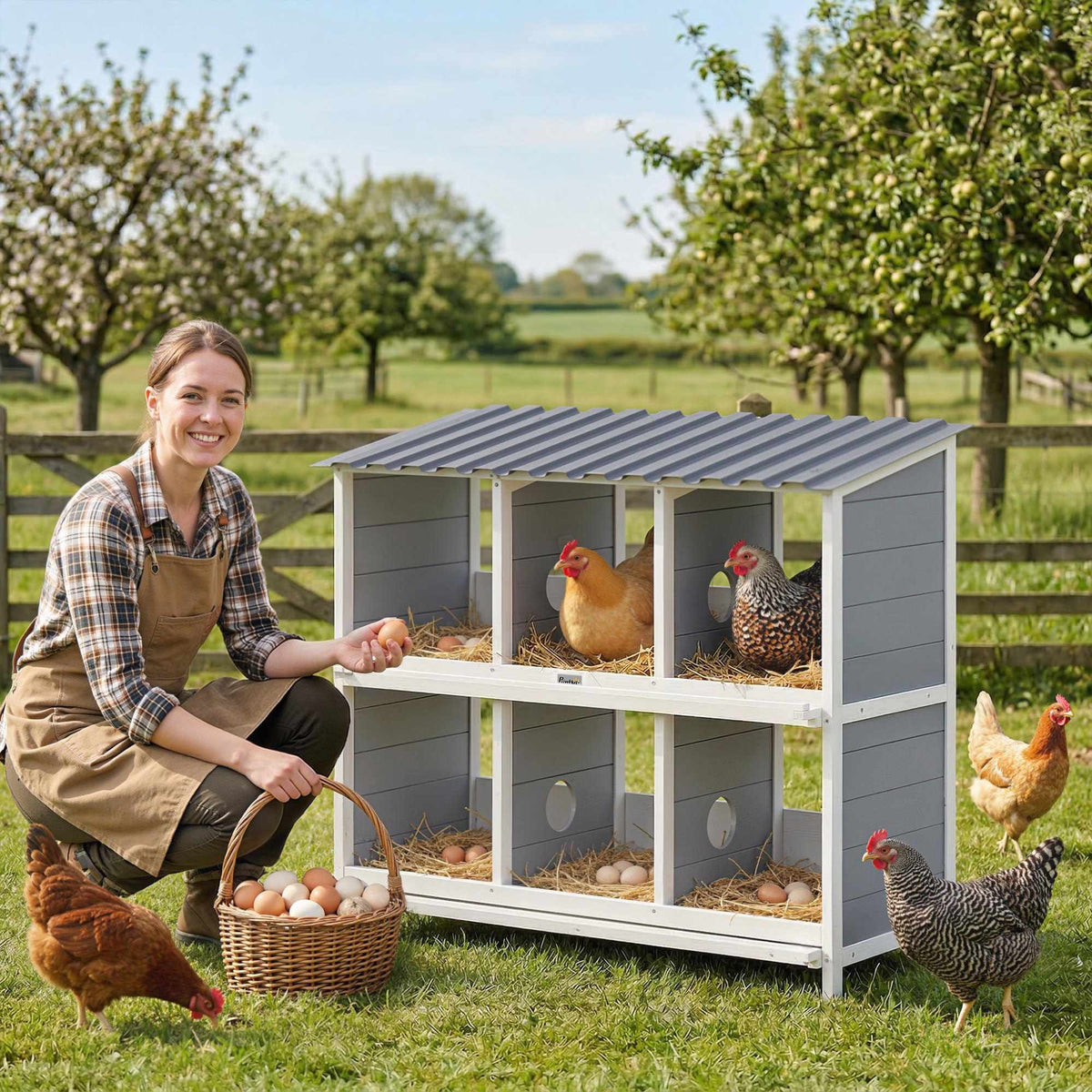 Chicken Nesting Box, 6 Compartments, Wooden, 2 Perches