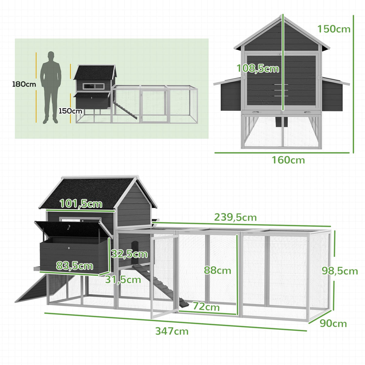 Chicken coop 2 levels chicken house with nesting box, outdoor enclosure poultry coop enclosure for 8-10 chickens playpen with tray, fir wood 347 x 160 x 150 cm gray