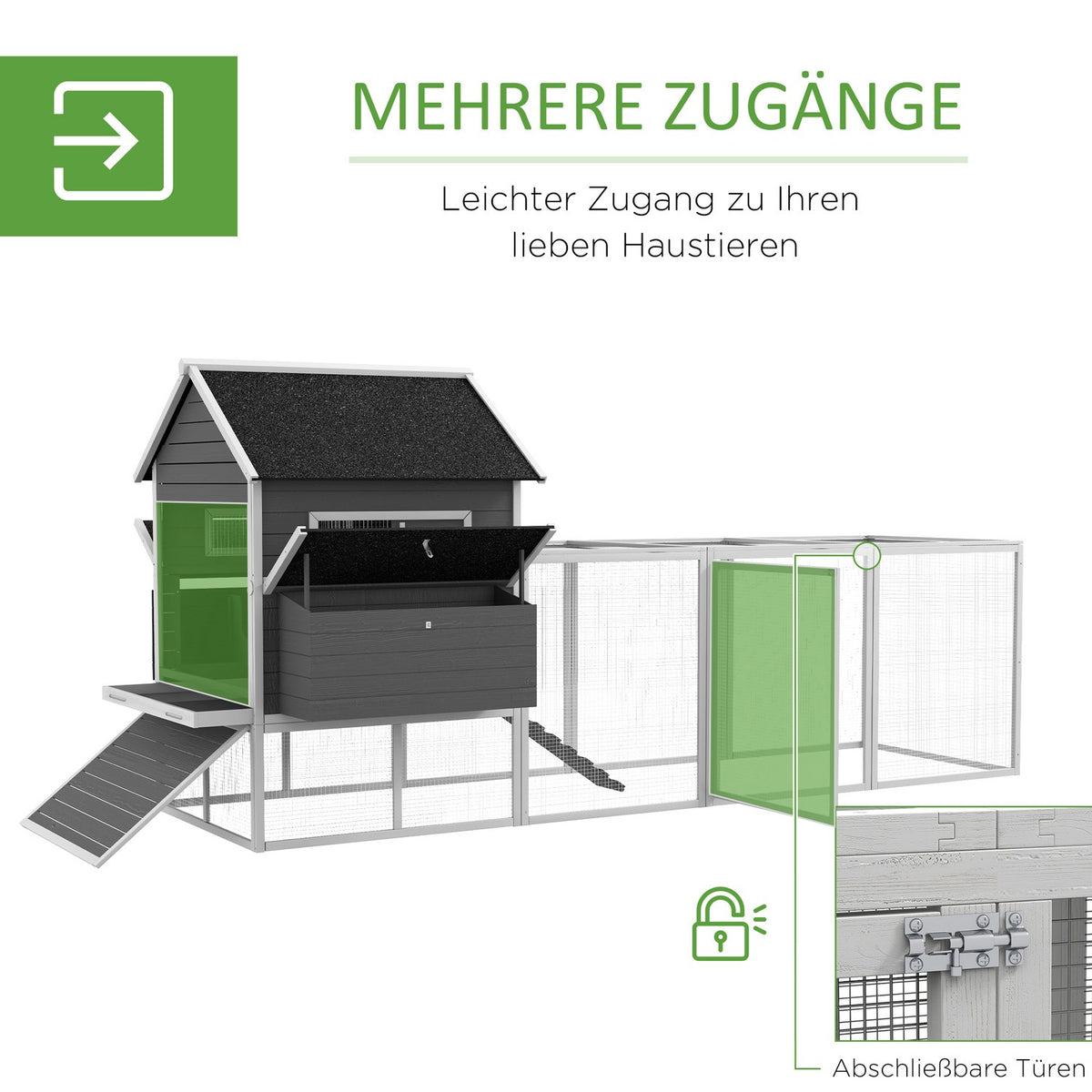 Chicken coop 2 levels chicken house with nesting box, outdoor enclosure poultry coop enclosure for 8-10 chickens playpen with tray, fir wood 347 x 160 x 150 cm gray
