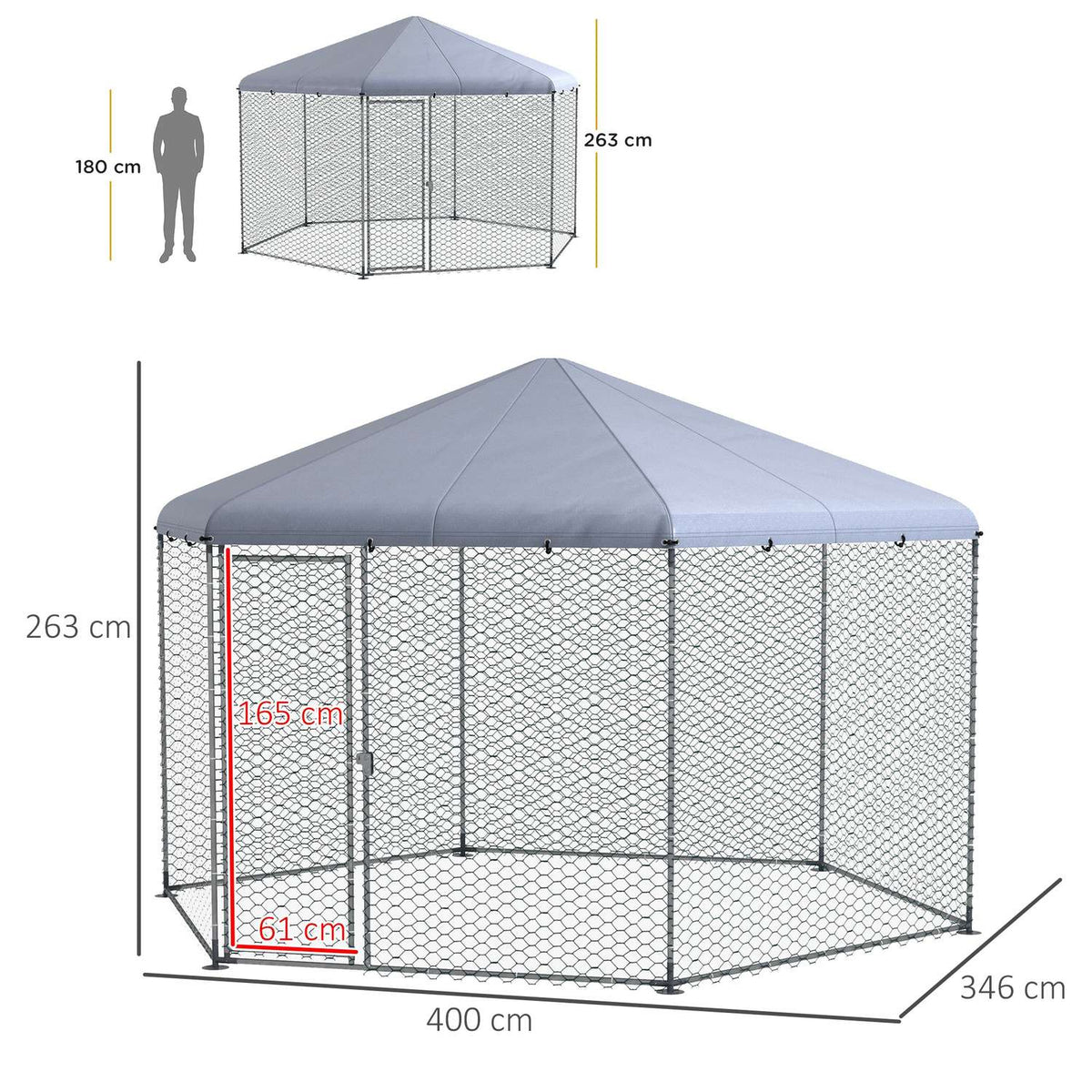 Chicken coop 400 x 346 x 263 cm free-range steel enclosure, chicken cage with cover, door, chicken enclosure for 10-15 chickens, small animals, gray
