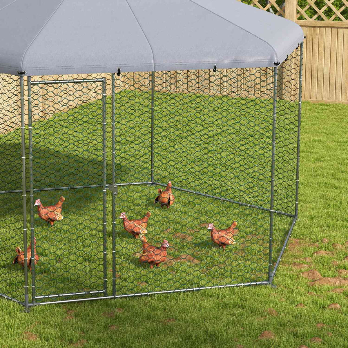 Chicken coop 400 x 346 x 263 cm free-range steel enclosure, chicken cage with cover, door, chicken enclosure for 10-15 chickens, small animals, gray