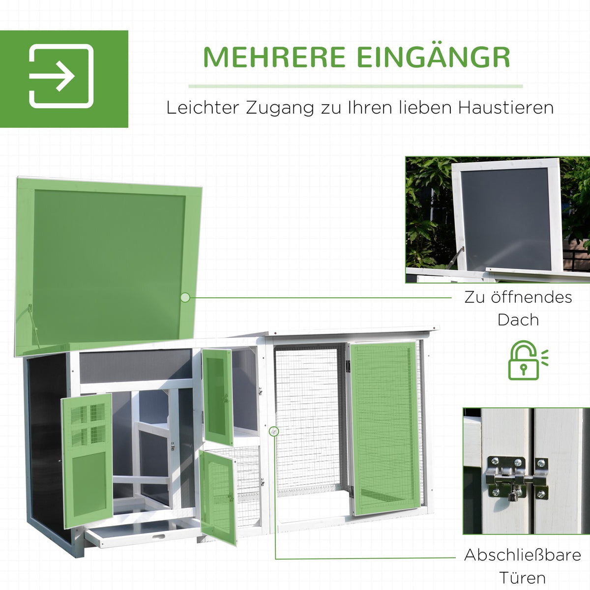 Chicken coop chicken house suitable for 1-2 chickens, with nesting box egg crate with 2 compartments, fir, gray + white, 160 x 75 x 80 cm
