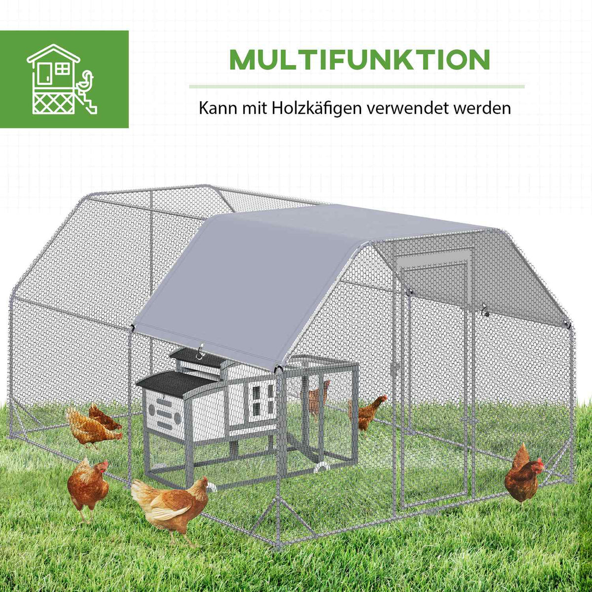 Chicken coop free-range enclosure large for 10-12 chickens with door & water-repellent sun protection roof, Oxford/silver 280x380x195cm