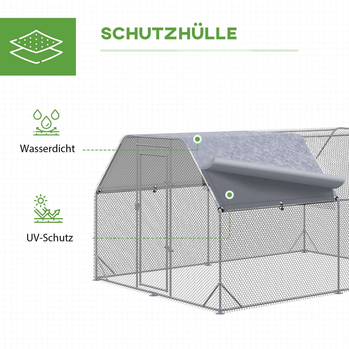 Chicken coop free-range enclosure large for 10-12 chickens with door & water-repellent sun protection roof, Oxford/silver 280x380x195cm