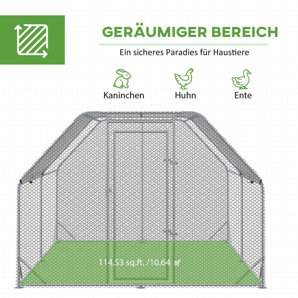 Chicken coop free-range enclosure large for 10-12 chickens with door & water-repellent sun protection roof, Oxford/silver 280x380x195cm