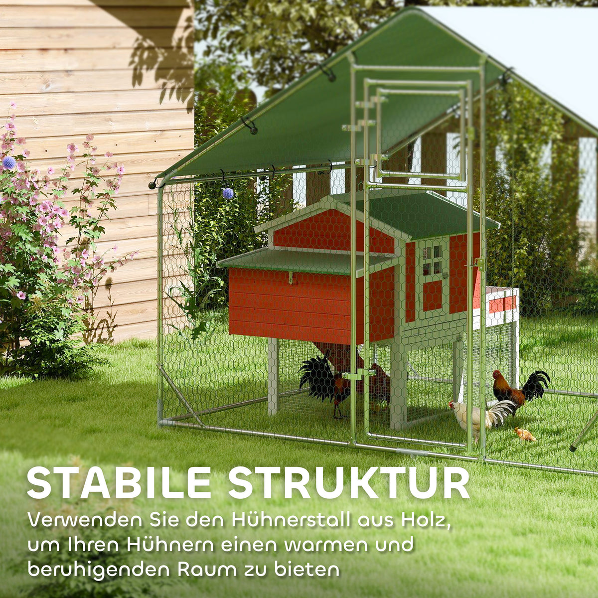 Chicken coop free-range enclosure made of steel, 300 x 200 x 195 cm chicken cage with UV-resistant cover, feeding door, hanging feeding, perch, chicken enclosure for 6-8 chickens, small animals, silver