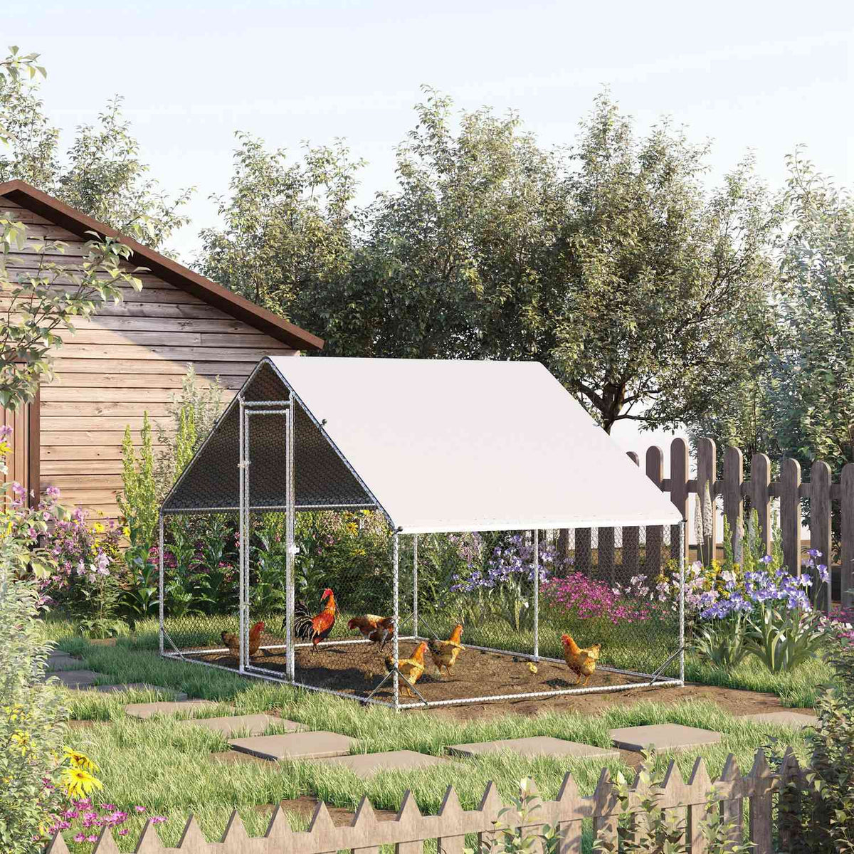 Chicken coop free-range enclosure made of steel, 300 x 200 x 200 cm chicken cage with cover, door, chicken enclosure for 4-6 chickens, small animals, silver