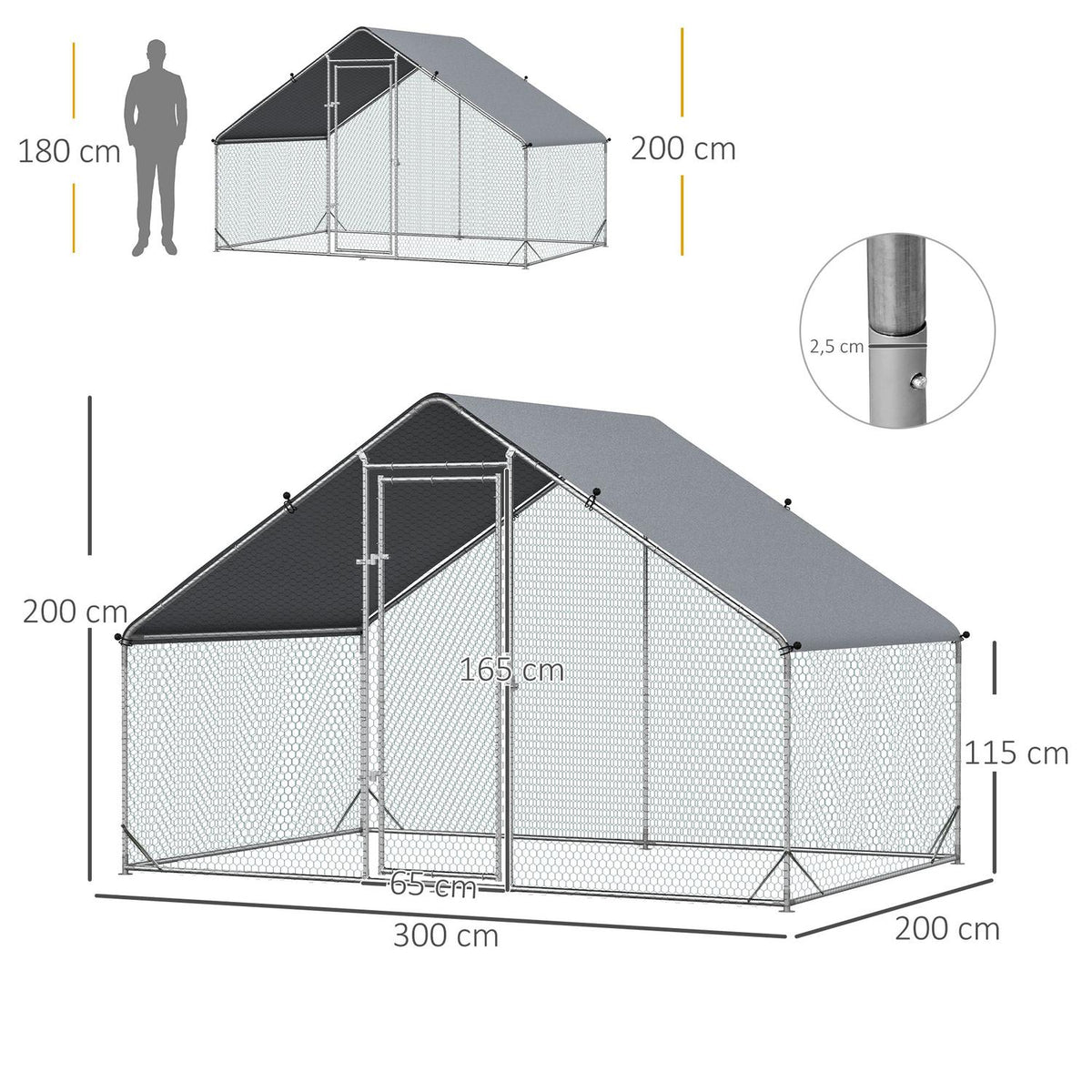 Chicken coop free-range enclosure made of steel, 300 x 200 x 200 cm chicken cage with cover, door, chicken enclosure for 4-6 chickens, small animals, silver