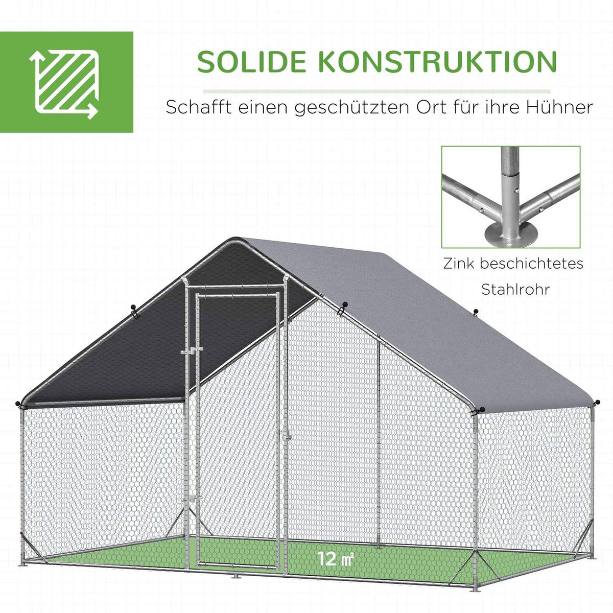 Chicken coop free-range enclosure made of steel, 300 x 200 x 200 cm chicken cage with cover, door, chicken enclosure for 4-6 chickens, small animals, silver