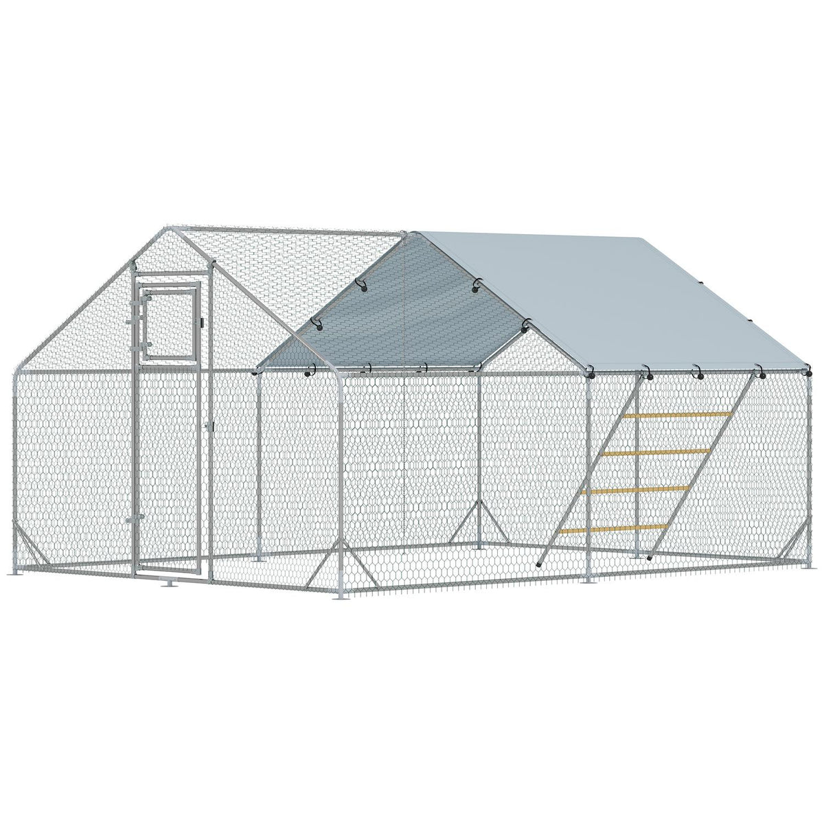Chicken coop free-range enclosure made of steel, 300 x 400 x 195 cm chicken cage with UV-resistant cover, feeding door, hanging feeding, perch, chicken enclosure for 12-18 chickens, small animals, silver