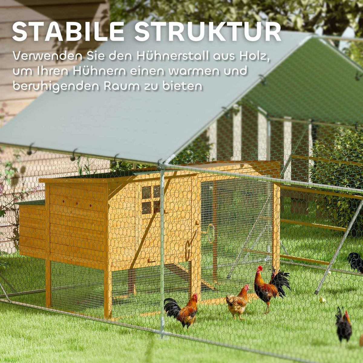 Chicken coop free-range enclosure made of steel, 300 x 400 x 195 cm chicken cage with UV-resistant cover, feeding door, hanging feeding, perch, chicken enclosure for 12-18 chickens, small animals, silver
