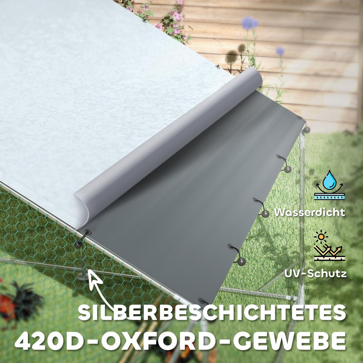 Chicken coop free-range enclosure made of steel, 300 x 400 x 195 cm chicken cage with UV-resistant cover, feeding door, hanging feeding, perch, chicken enclosure for 12-18 chickens, small animals, silver